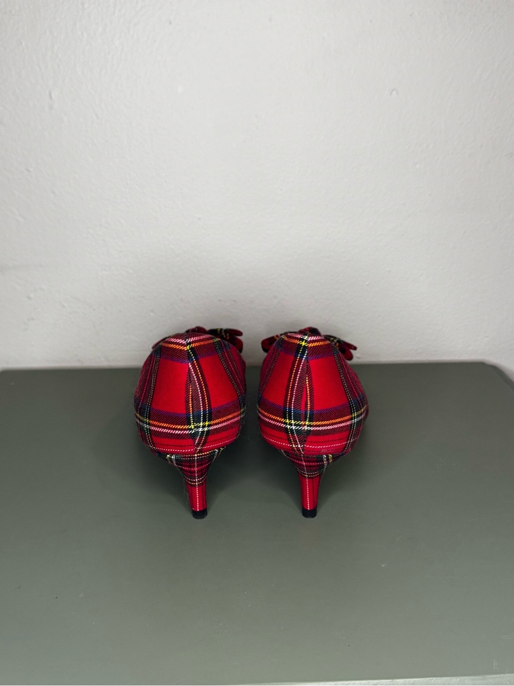 J.Crew Red Plaid Pointed-Toe Kitten Heel Pumps with Bow - Picture 3 of 5
